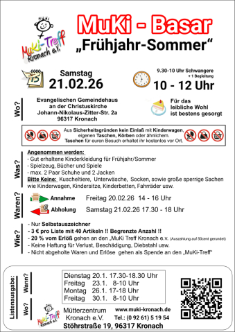 MuKi Basar am 21.2.26 in Kronach. Alle Infos dahzu auch auf www.MuKi-Kronach.de